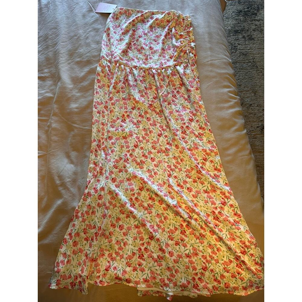 NWT Hello Molly | Floral Strapless Ruched Maxi Dress in Pink/Cream side slit S
